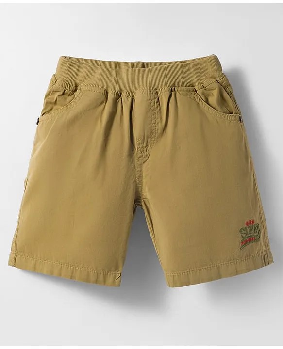 Olio Kids Cotton Woven Above Knee Length Shorts With Text Embroidery - Khaki